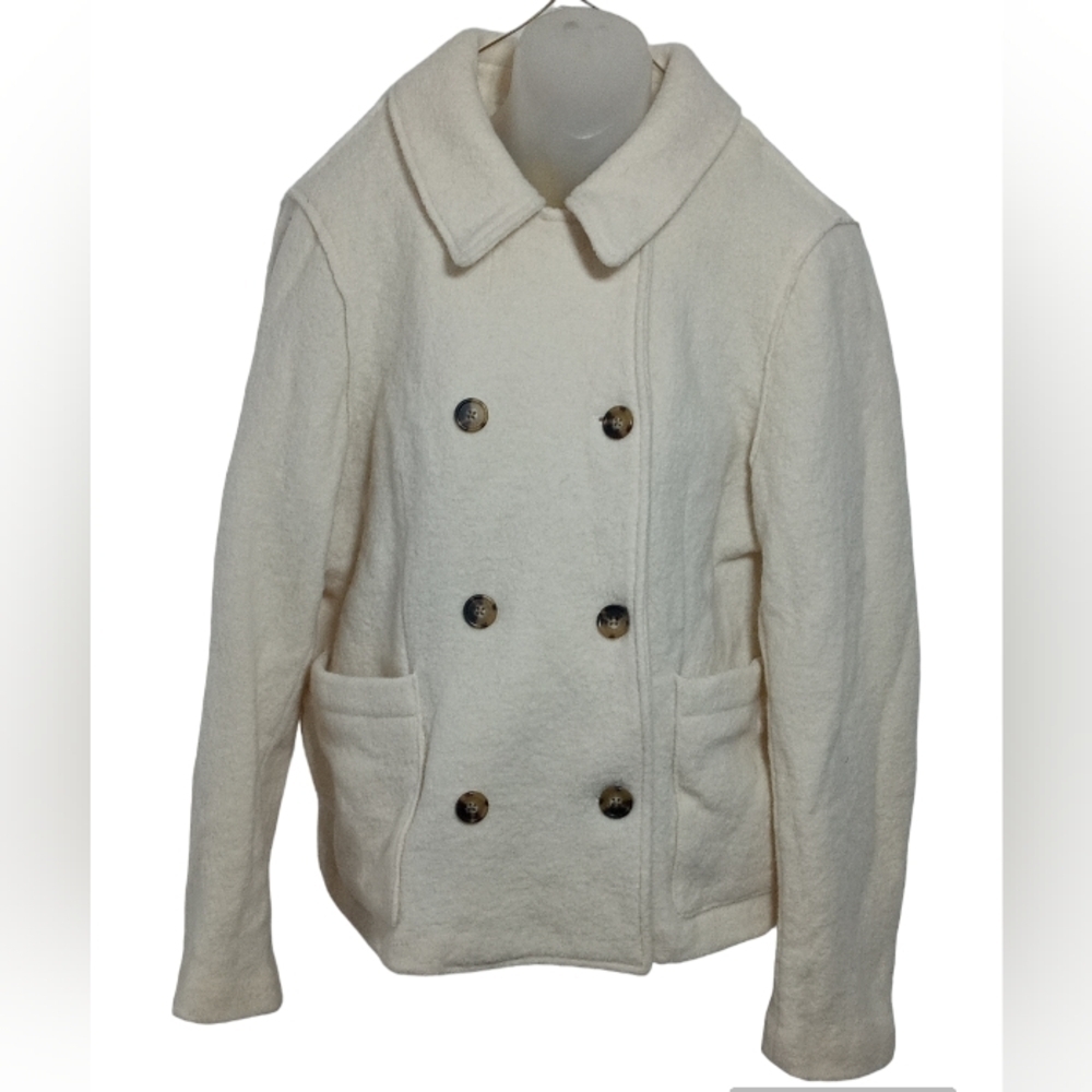 J Crew Women’s Wool Ivory Stadium Double Breasted Patch Pocket PeaCoat SZ 14 - Picture 3 of 9
